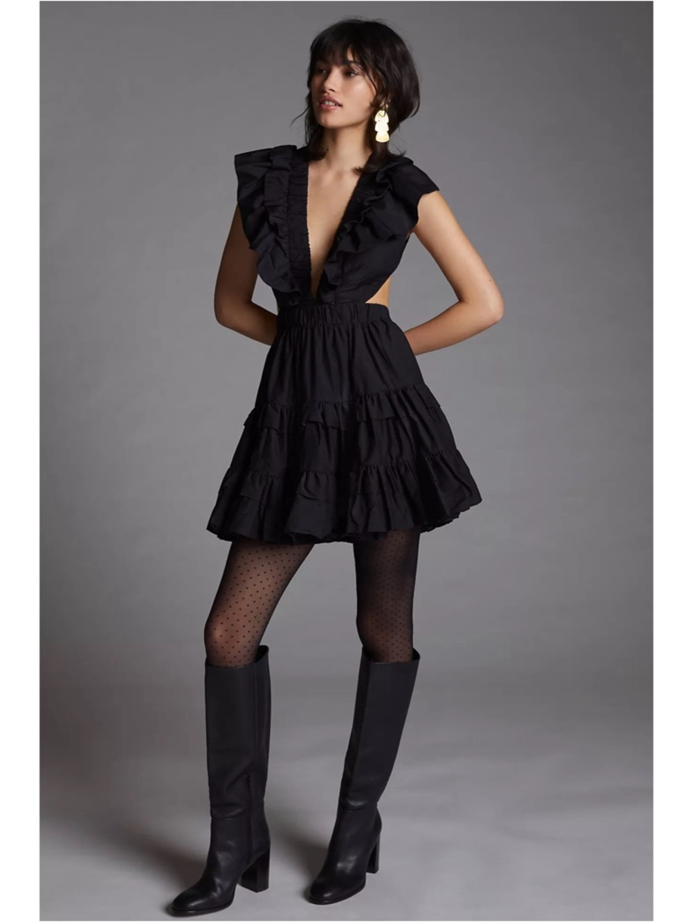 NWOT Magali Pascal Botanic Ruffle Cut Out Open Back Mini Dress in Black Elegant